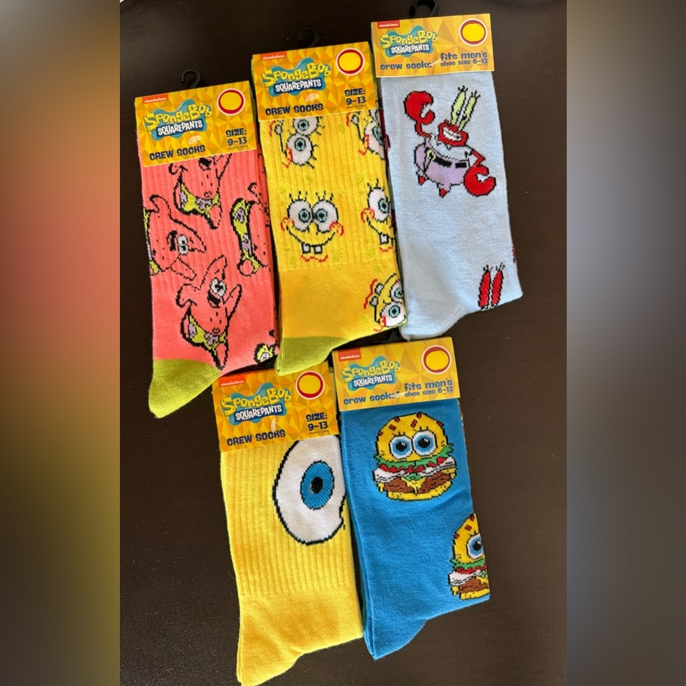 🆕🧽 SPONGEBOB SQUAREPANTS LIMITED EDITION 5-PIECE CREW SOCK COLLECTION. BRAND NEW